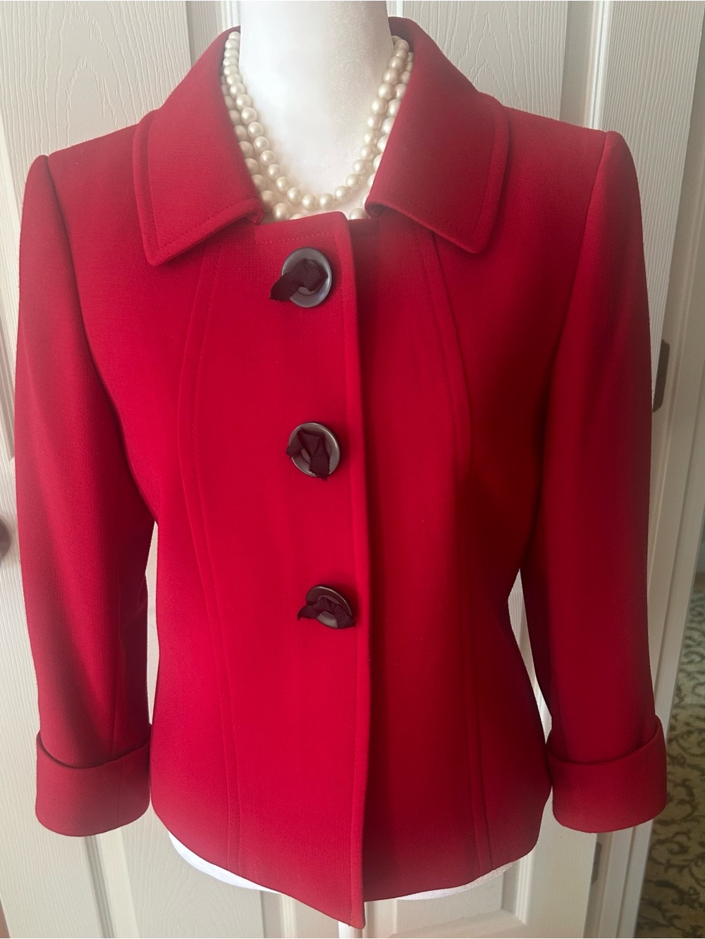 Tahari Red Jacket with 3/4 Sleeves & Decorative Buttons